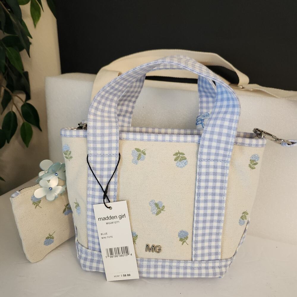 NWT Madden Girl Blue Mini Tote Embroidered Canvas Handbag Crossbody Country - Picture 2 of 9